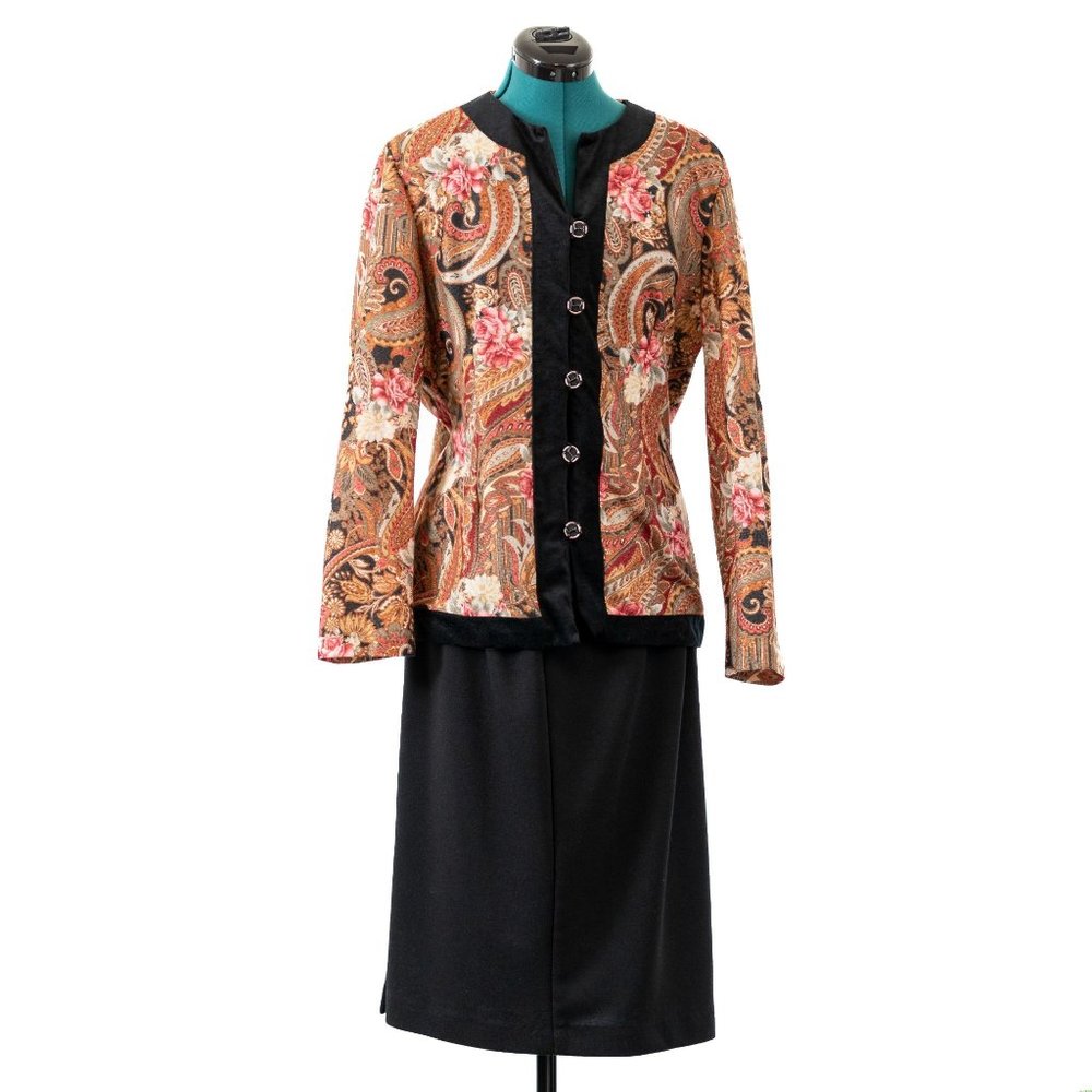 Vintage 80s Pablo Collection Jacket and Leslie Fay Skirt Paisley Black Pink Wome